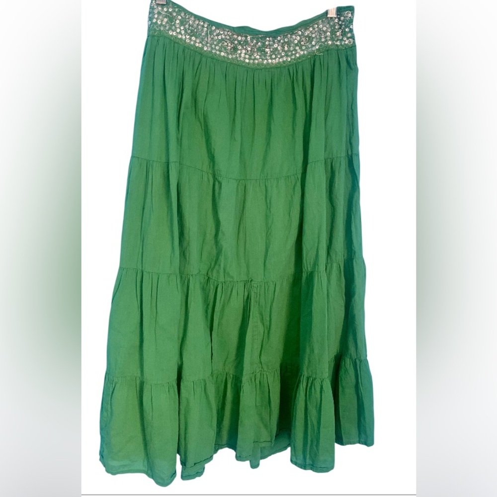 Raviya VTG Y2K Green Tiered Maxi Skirt Embellished Hippie Boho Gypsy Size M